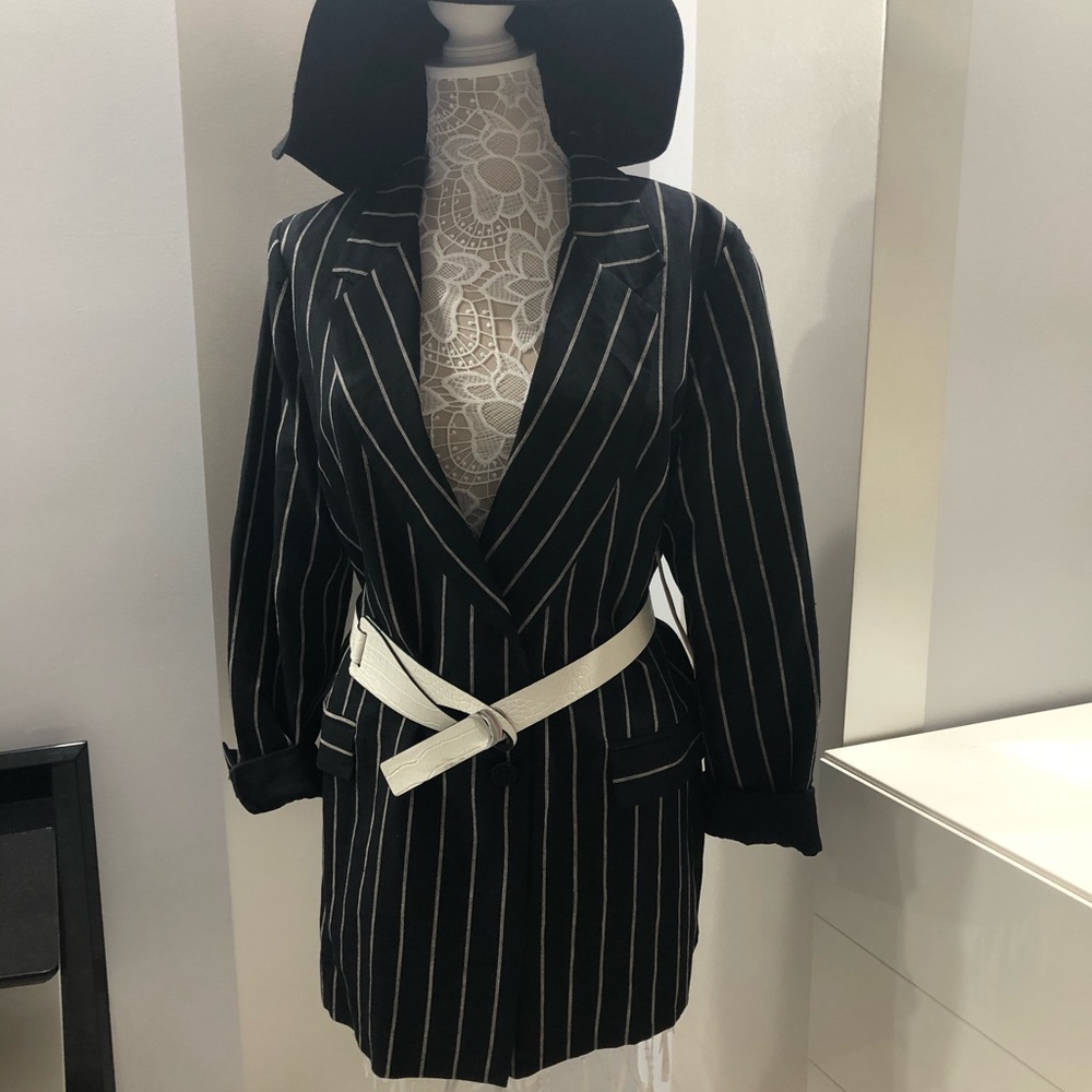 Reformation Striped Dark Navy Linen Blazer with Off-White Accents